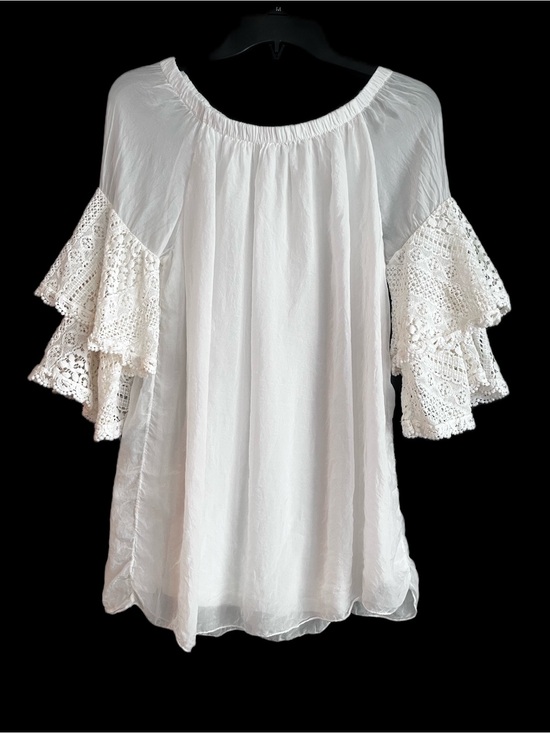 Bellambra Tops - Boho Romantic White  100% Italian Silk Blouse Lace Sleeves Off Shoulder Size M